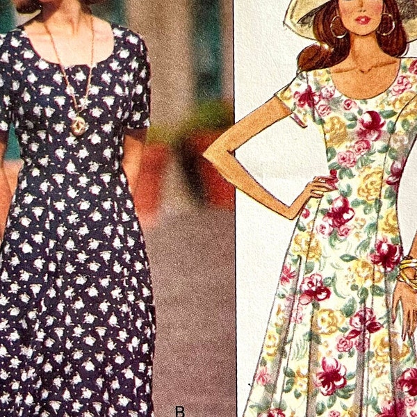 UNCUT 1993 Butterick 6639 misses' fast & easy princess-seamed maxi dress with scoop neck, capped or short sleeves; sizes 12-14-16.