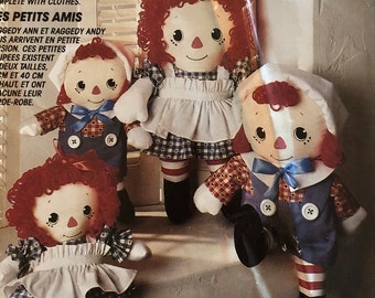 Complete 1991 McCall's 702  or McCall's 5418 Little Raggedys' doll pattern, 16" & 12" Raggedy Ann and Raggedy Andy dolls plus clothing
