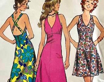 Complete 1972 Simplicity 5037 misses' halter dress with back zipper and crossed back straps, two lengths; size 14, bust 36".