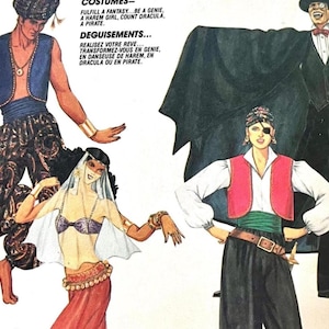 Op de afbeelding: Een vintage naaipatroonillustratie met vier kostuumontwerpen: een geest met een blauw vest en een broek met patroon, een danseres met een sluier, een vampier in een zwarte cape met smoking en een piraat met een rood vest, wit overhemd en zwarte broek.