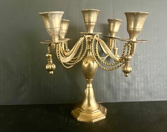 Vintage solid brass Foundry candelabra with 4 arms and center taper candleholder, twisted rope and tassel designs, made in India.