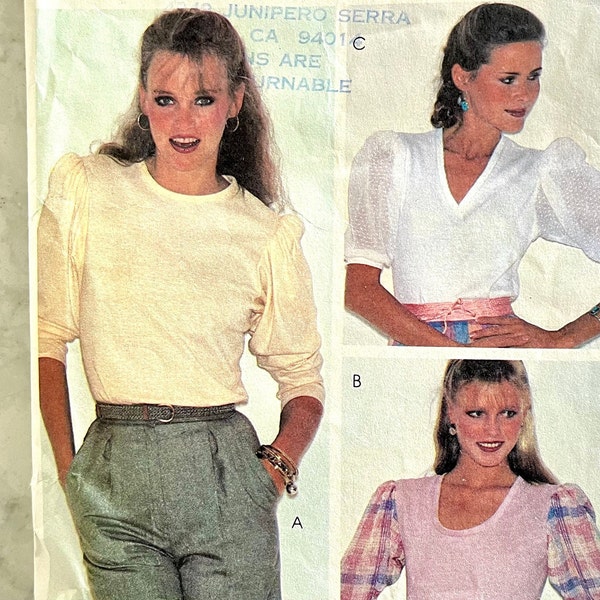 Complete 1981 McCall's 7388 misses' easy-sew pull-over knit tops with neckline and sleeve variations; size14-16, bust 36"-38".