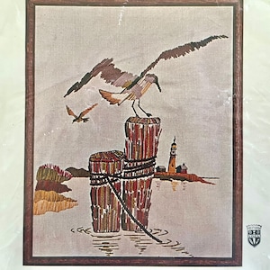 UNUSED, like new 1970&#39;s Bucilla 8704 crewel embroidery picture kit &quot;Sanctuary&quot; , wool yarns, linen fabric, exceptional; finished 16&quot; x 20&quot;.
