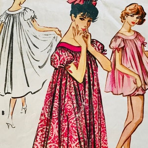 May include: A vintage sewing pattern illustration featuring three variations of a loose-fitting nightgown with puff sleeves and ribbon ties. One version is white, one is pink, and one features a bold red and white damask-style floral pattern.