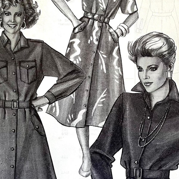 UNCUT 1987 Stretch & Sew 1581 misses' fitted shirt dress with buttoned front, button-flap pockets, shirt collar, sleeve options; busts 30-46