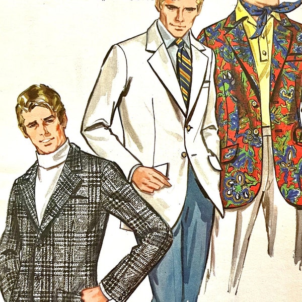 UNCUT 1969 Butterick 5630 men's lined, semi-fitted sports coat jacket with welt and flap pockets, back inverted pleat; size 38.