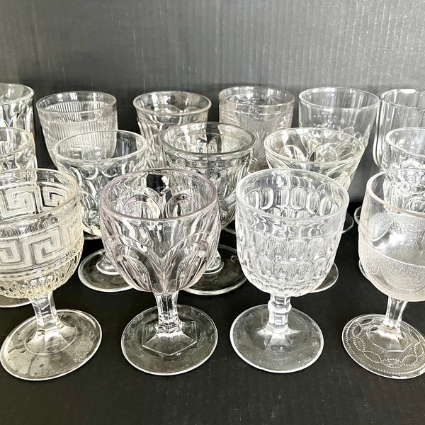 Antique, many pre-civil war pressed flint glass goblets, sold separately, all unique, all with wonderful bell ring! Two have slight damage.