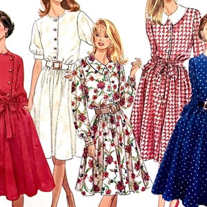 Puede incluir: Una ilustración de moda vintage con cinco vestidos. Los vestidos incluyen un vestido rojo con botones y lazo, un vestido blanco con cinturón, un vestido con estampado floral, un vestido de pata de gallo rojo y un vestido azul con lunares, todos con cinturones.