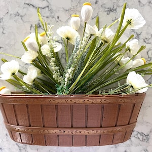 Vintage 1988 Homco half-barrel wall pocket planter, plastic looks like wood, particle board back, excellent condition; 15.5&quot; x 4.75&quot; x 4.25&quot;