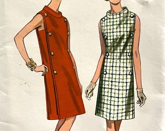 UNCUT 1967 Butterick 4266 misses' sleeveless straight dress with funnel collar and side panel, front buttons, back zipper; size 16, bust 36"