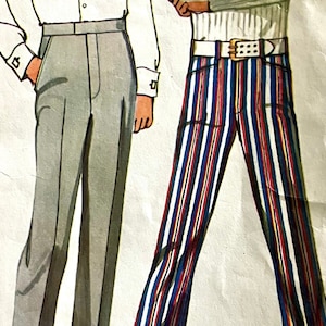 May include: Illustration of two pairs of pants. One pair is solid gray, the other is striped with red, white, and blue vertical lines. Both pairs of pants are paired with a white collared shirt. The striped pants have a white belt with a gold buckle.