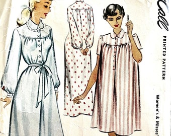 Complete 1950 McCall 8339 misses' shaped yoke nightgown with front button placket, rounded collar, sleeve variations, tie belt; size 16-18.