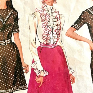 May include: Three vintage illustrations of women wearing different styles of dresses. The first dress is brown with white polka dots and a white collar. The second dress is a white blouse with a large ruffled collar and a pink skirt. The third dress is brown with white polka dots and a white collar.