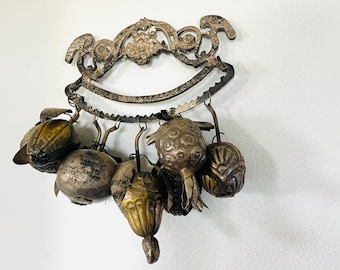 Vintage, large metal Penca De Balangandan, traditional Afro-Brazilian slave belt, 8 fruit charms made of metal on hangar, fantastic!!