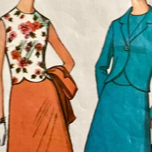 May include: A vintage sewing pattern featuring two different dress designs. The first dress is a sleeveless top with a floral print and a solid orange skirt. The second dress is a teal blue jacket with a matching skirt.