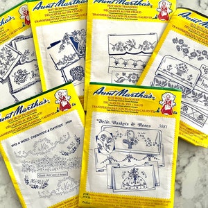 UNCUT Aunt Martha's hot iron transfers for pillowcases and other linens; florals, animals, birds, hearts, elegant ladies, monograms, more!