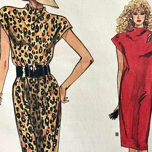 UNCUT 1987 Vogue 9899 misses' very easy to sew semi-fitted straight dress in two lengths, raised neckline, cap sleeves; sizes 12-14-16.