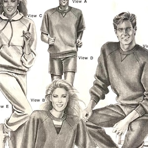 May include: Illustration of athletic wear, including a sweatshirt, shorts, and sweatpants. The image features multiple figures in various poses, showcasing different views of the clothing. The color palette is primarily grayscale.