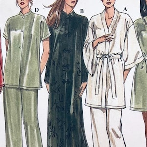 May include: A sewing pattern illustration featuring five loungewear designs: a red pajama set with frog closures, a light green short-sleeve pajama set, a dark green long robe with bamboo patterns, and two wrap-style robes in white and light green.