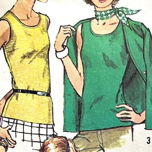 May include: Two sleeveless tops, one yellow and one green, are shown on models. The yellow top has a black belt and a white and black plaid skirt. The green top has a white and green scarf around the neck. The number "3" is visible in the bottom right corner of the image.