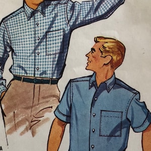 May include: Illustration of two shirts. One is a long-sleeved, blue and white checked shirt with a pocket. The other is a short-sleeved, solid blue shirt with a pocket. Both shirts have button-down collars.