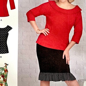 May include: A sewing pattern for three different tops. The first top is a red fitted top with a wide, scoop neckline. The second top is a black and white polka dot top with a scoop neckline. The third top is a floral print top with thin straps.