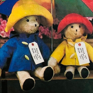 May include: Two teddy bears wearing blue and yellow raincoats and hats, sitting on a wooden bench under a colorful umbrella. Each bear has a tag that reads "Please look after this BEAR THANK You."