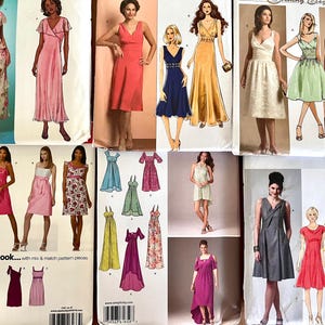 Op de afbeelding: Een verzameling jurk naaipatroon enveloppen met illustraties van verschillende jurkstijlen. De patronen tonen een reeks ontwerpen, waaronder bloemenprints, effen kleuren en verschillende mouw- en halslijnopties. De tekst "design your look" is zichtbaar.