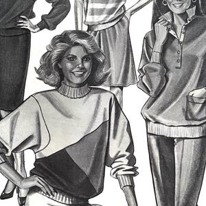 Może przedstawiać: Czarno-biała ilustracja mody damskiej w stylu vintage. Obraz przedstawia kilka postaci w swetrach, spódnicach i spodniach. Swetry mają różne wzory, w tym blokowanie kolorów i paski. Ilustracja ma estetykę retro.