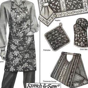 May include: Illustration of a matching kitchen set featuring an apron, napkin, potholder, oven mitt, and casserole carrier. The items have a floral pattern in shades of gray and white. The word "Apron" is labeled on the apron.