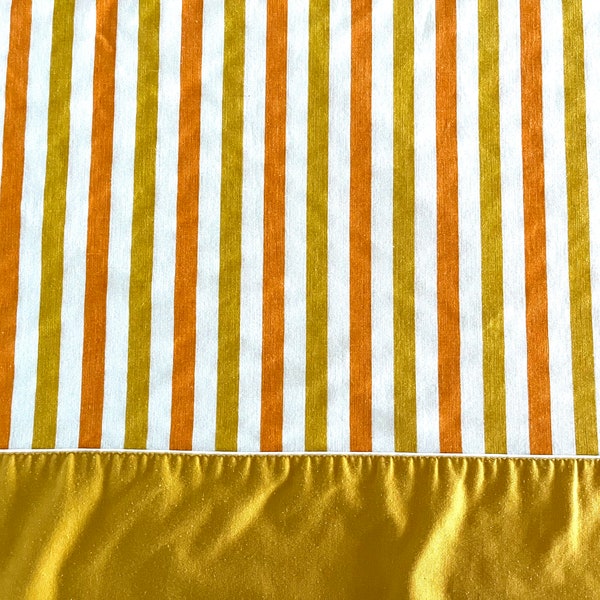 Vintage 70's full-sized flat bed sheet by Fashion Manor for JC Penney, 50/50 cotton poly Penn-press fabric, mustard and orange stripes.