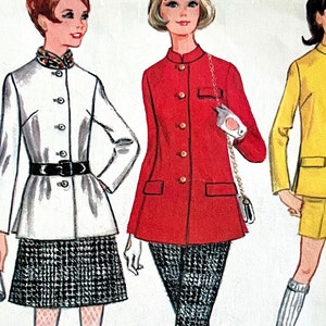 Vintage 1967 McCall's 9106-jacka med knappar framtill, ståkrage, cigarettbyxor eller shorts med dragkedja i sidan, A-linjekjol; storlek 16, byst 86 cm