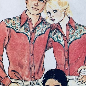 UNCUT 1978 McCall&#39;s 6383 men&#39;s western cowboy shirt with shaped yokes, cuffed sleeves & optional flap pockets and piping, size 46, neck 17&quot;