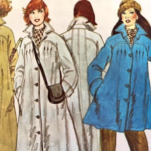May include: A sewing pattern illustration featuring three long coats with collars, button-front closures, and fringe detailing across the chest. The coats are depicted in yellow, white, and blue, with one figure wearing a brown beanie and another a crossbody bag.