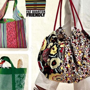 May include: Three fabric tote bags are displayed. Bag A features vertical stripes and floral patterns in pink, green, and blue. Bag B is a gathered, round bag with red rope handles and a black, yellow, and white floral print. Bag C is green with a white gingham center.