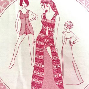 May include: A sewing pattern illustration in shades of pink featuring three garment designs: a sleeveless tunic with shorts, a long open-front dress with a floral pattern worn over shorts, and a simple floor-length sleeveless dress.