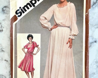 UNCUT 1980 Simplicity 9824 isses' neck and sleeve ruffle dress with raglan sleeves, midi or maxi length; size 14, bust 36".