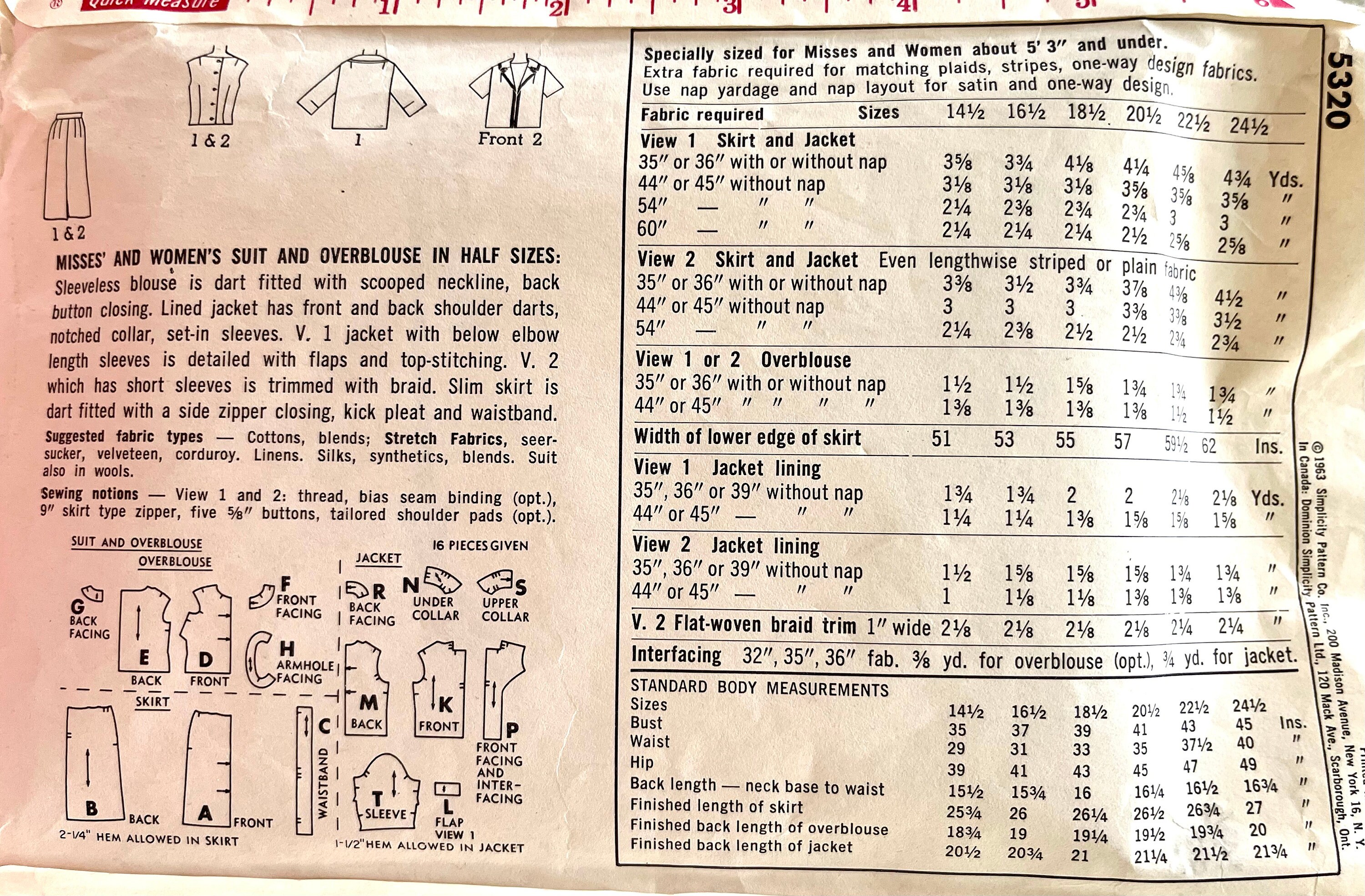1963 年ヴィンテージの Simplicity 5320 ミセス用ノースリーブ