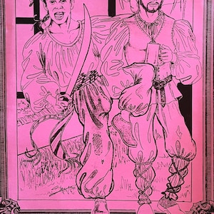 May include: A pink illustration of two figures in Renaissance-style clothing. One figure holds a sword, the other a mug. The artwork is framed with a decorative border, set against a pink background.