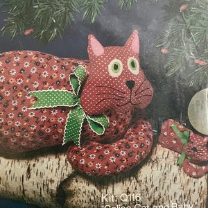 May include: A handmade fabric cat and baby cat, both in a floral pattern with a green polka dot bow. The cat has pink ears and green eyes. The kit is labeled "Calico Cat and Baby".