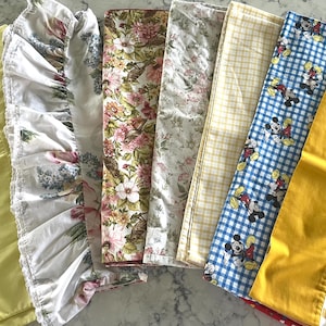 Vintage standard-sized pillowcases for kids, teens, adults; stripes, florals, checked, ruffled headers, solids, all in terrific condition.