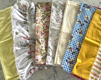 Vintage standard-sized pillowcases for kids, teens, adults; stripes, florals, checked, ruffled headers, solids, all in terrific condition.