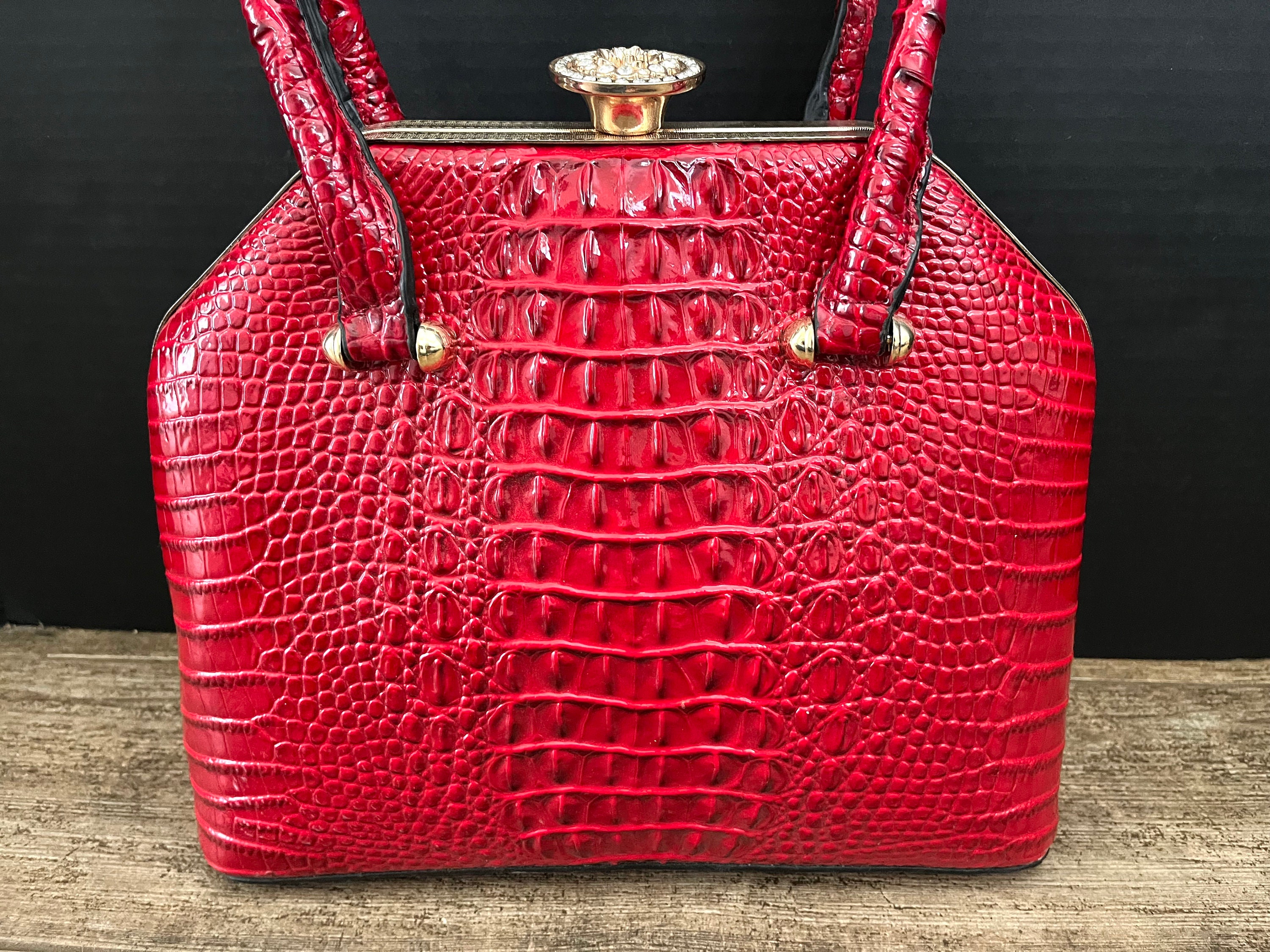 Guess Large Red Patent Leather Faux Alligator Tote Bag Metal Logo  Rhinestone Fob