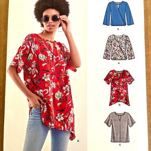 May include: A New Look sewing pattern featuring a woman wearing a red floral top. The pattern includes illustrations of various top designs. The text "NEW LOOK" is at the top, with size information and a Simplicity.com logo.
