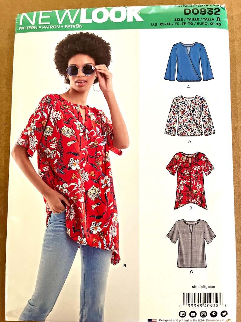 May include: A New Look sewing pattern featuring a woman wearing a red floral top. The pattern includes illustrations of various top designs. The text "NEW LOOK" is at the top, with size information and a Simplicity.com logo.