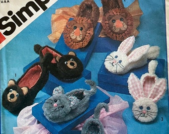 UNCUT 1983 Simplicity 6231 girl's and boy's lined animal slippers pattern; lions, bears, mice, rabbits; sizes S, M, L all included.