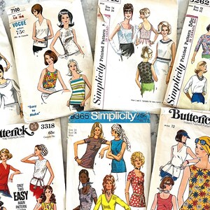 Vogue de los años 60 y 70 6910, 7100, Simplicity 6242, 5262, 9365, Butterick 3318, blusas o tops de señoritas; busto 32", 34", 36", 38".