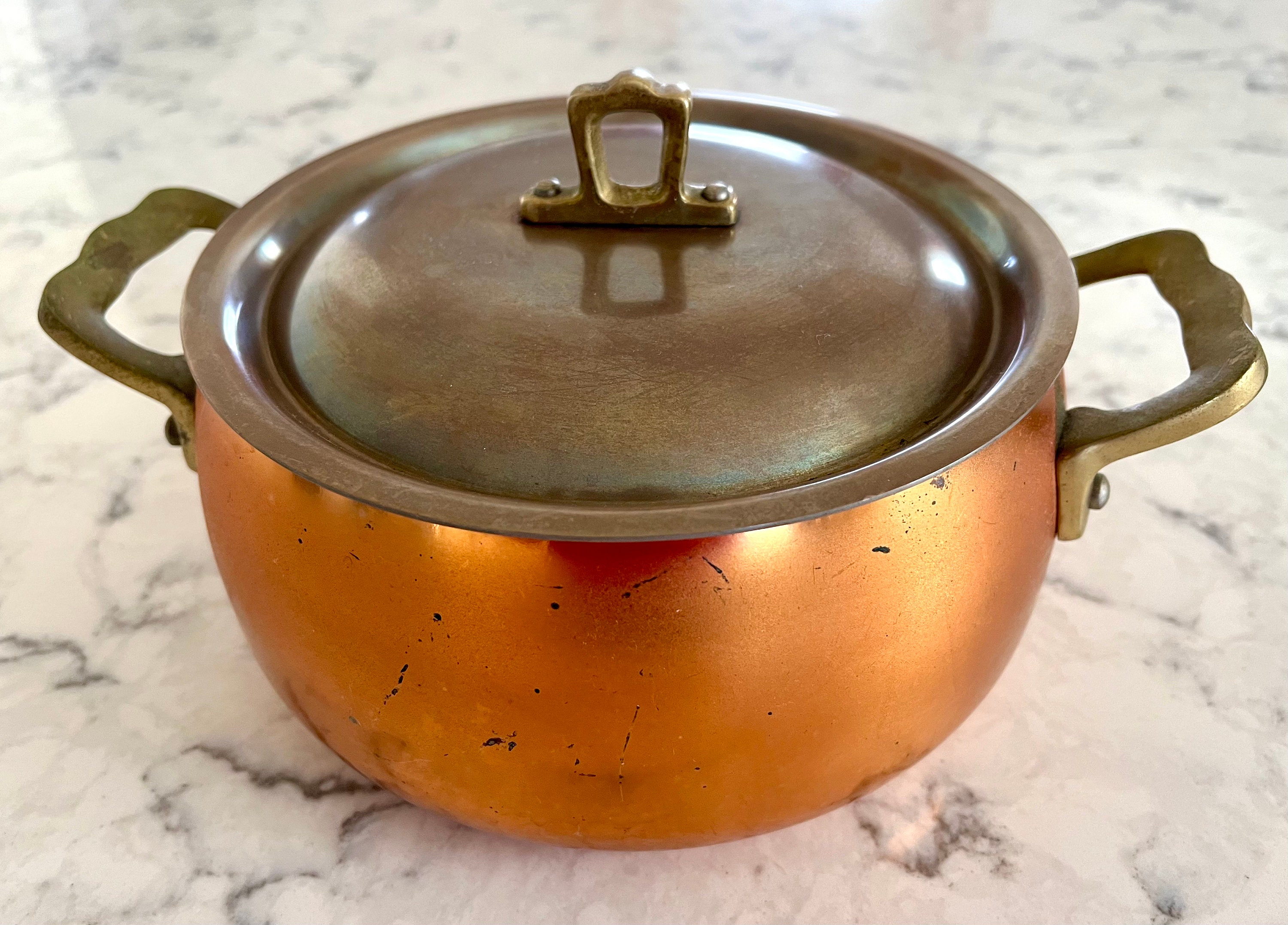 Farmhouse Vintage Solid Copper Sauce Pot with Lid, Copral Portugal