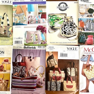 May include: A collection of sewing patterns for various bags and purses. The patterns are from brands like Vogue, McCall's, and Butterick. Designs include tote bags, drawstring purses, and bucket bags, with diverse styles and sizes.