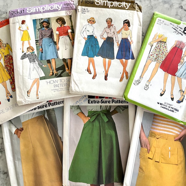 UNCUT 1970's Simplicity skirt patterns 6746, 7331, 8112, 8151, or 8534; 4-gore, wrap, culottes, pocket variations, more!!